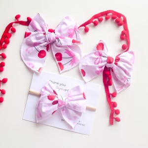 Fable Valentine Hair Bow, Baby Girl Pink Cherry Bow, Large toddler Hair Clip,Valentines Baby headband