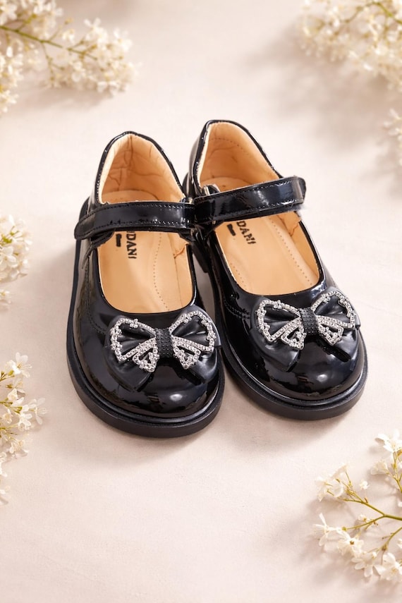 Ballerines Bébé Fille Noires Vernies, Chaussures de Baptême Nœud Strass, Cadeau Naissance