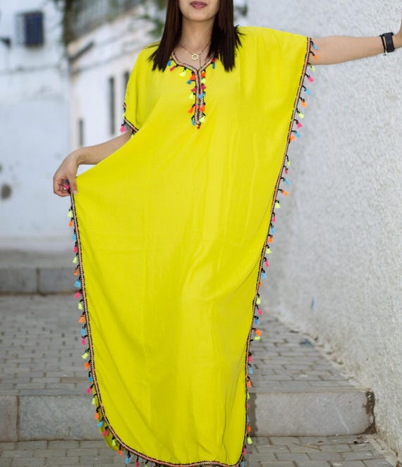 Handmade Moroccan Tassel Kaftan, Boho V-Neck Tunic Beach Cover Up