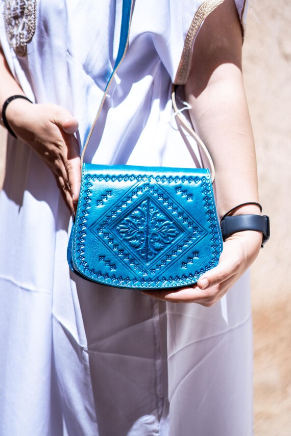 Small Moroccan Leather Crossbody Bag – Hand-Embossed Boho Shoulder Purse – Authentic Satchel