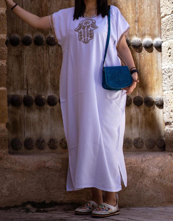 Embroidered Hamsa Moroccan Kaftan, Boho Maxi Tunic, Spiritual Resort Wear