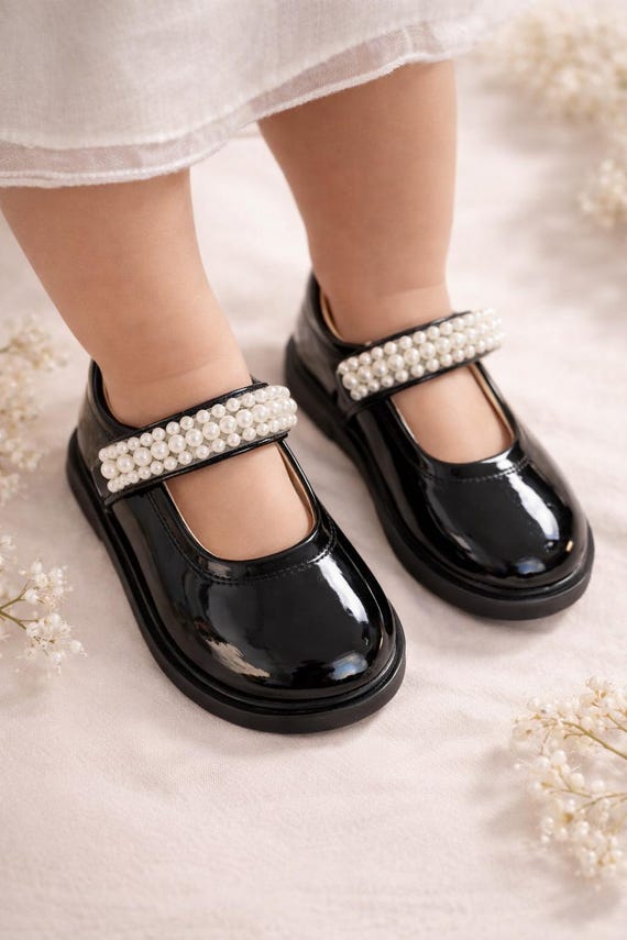 Black Patent Mary Jane Baby Shoes with Pearls, Handmade Ceremony Footwear