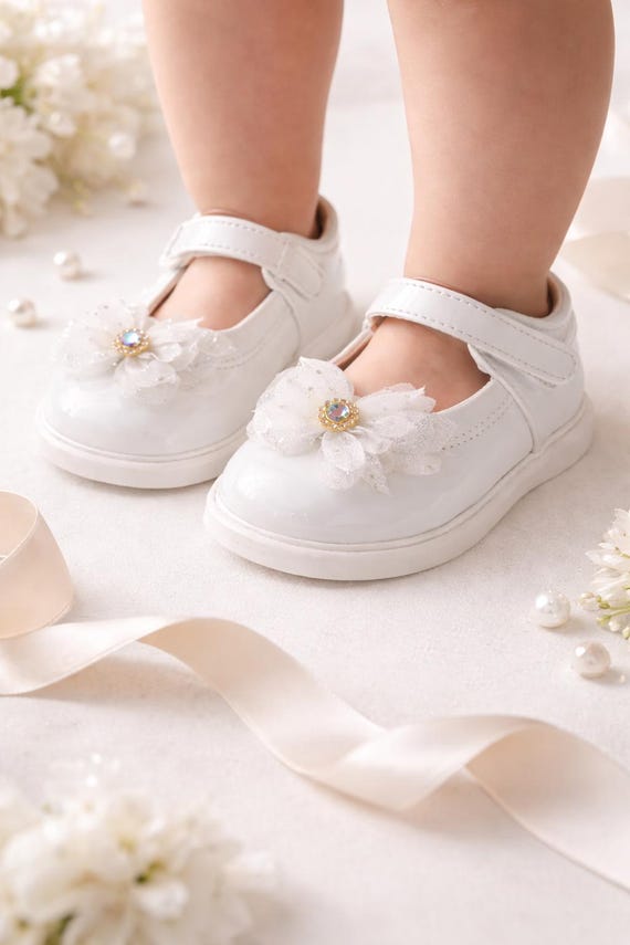 White Patent Leather Flower Mary Janes, Handmade Baptism Shoes
