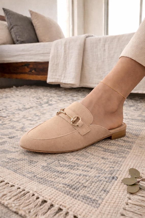 Mules Plats Beige Femme, Mules Style Mocassin en Daim, Chaussures Fait Main Maroc
