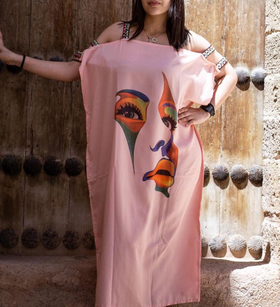 Moroccan Boho Dress, Abstract Face Print Kaftan, Cold Shoulder Tunic Beach Cover Up