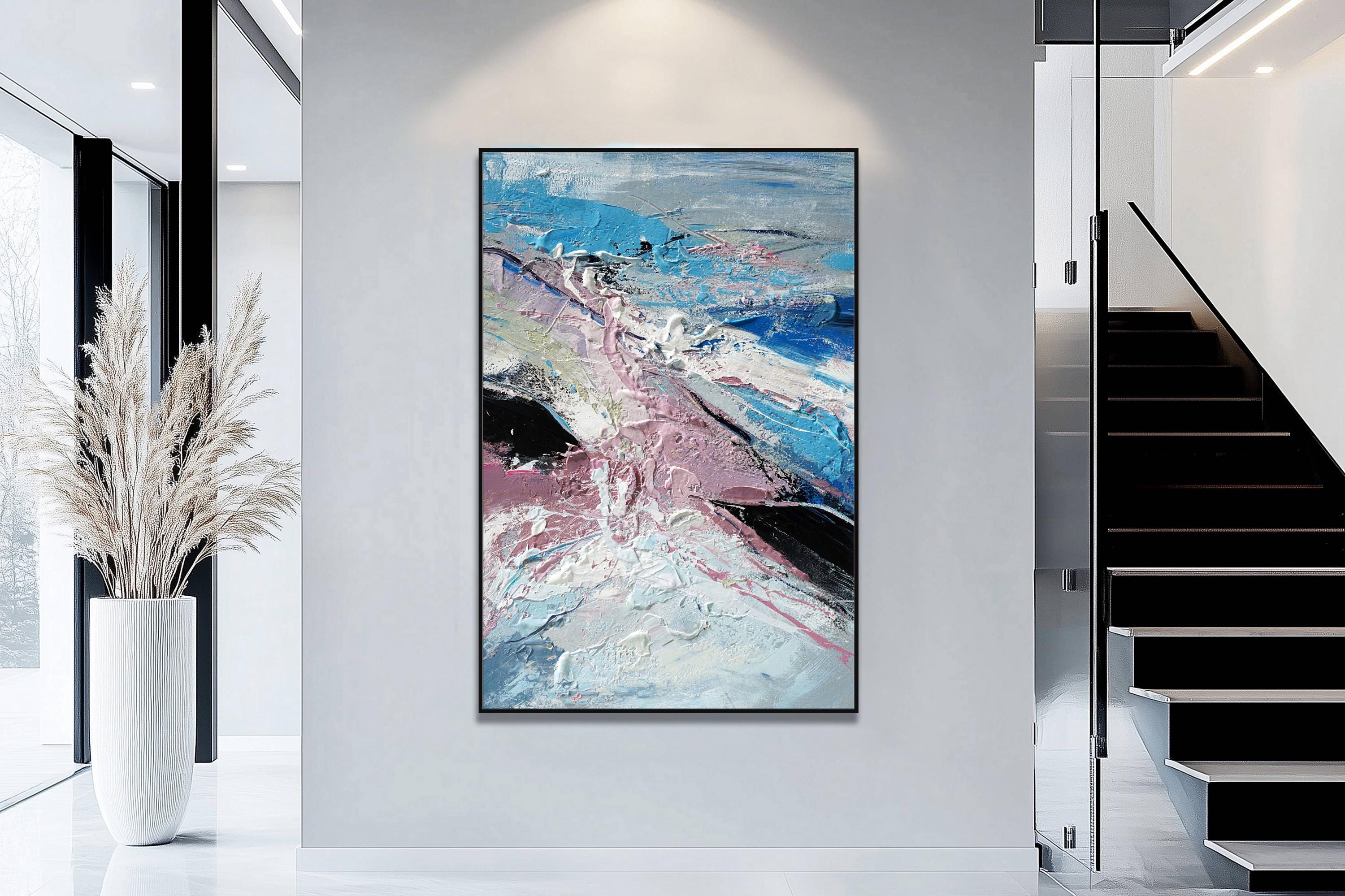 テクスチャード抽象画：青、ピンク、白のアクリルキャンバスアート（40