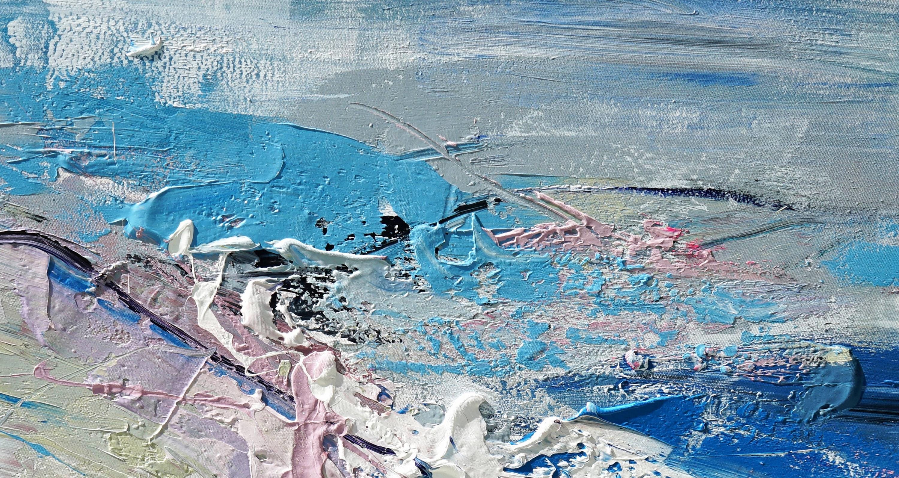 テクスチャード抽象画：青、ピンク、白のアクリルキャンバスアート（40
