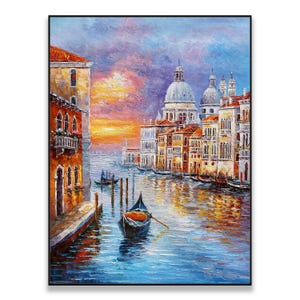 Olieverfschilderij zonsondergang zonsondergang Venetië – Levendige Italiaanse muurkunst aan het kanaal