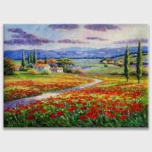 Toskana Malerei, Italienische Landschafts Pracht Mohnfeld Landschaft Bild 4