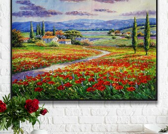 Tableau toscan, splendeur de la campagne italienne, paysage de champs de pavots