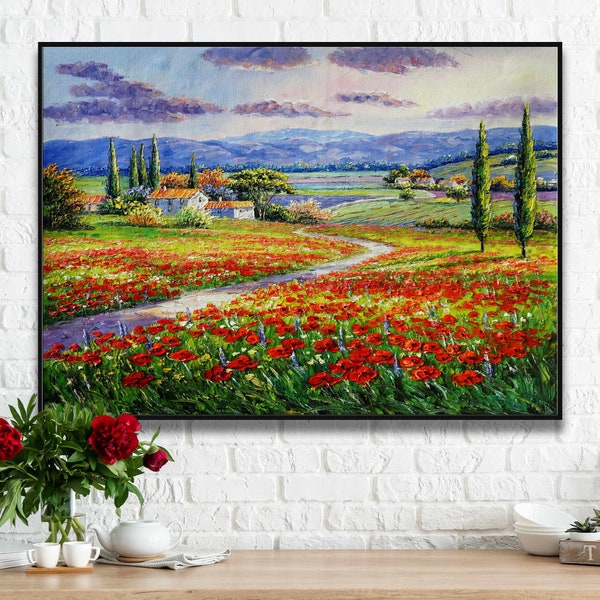 Tuscany painting, Italian Countryside Splendor Poppy Field Landscape