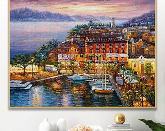 Garda Lake painting, Torri del Benaco Italy, original Italian oil painting on canvas