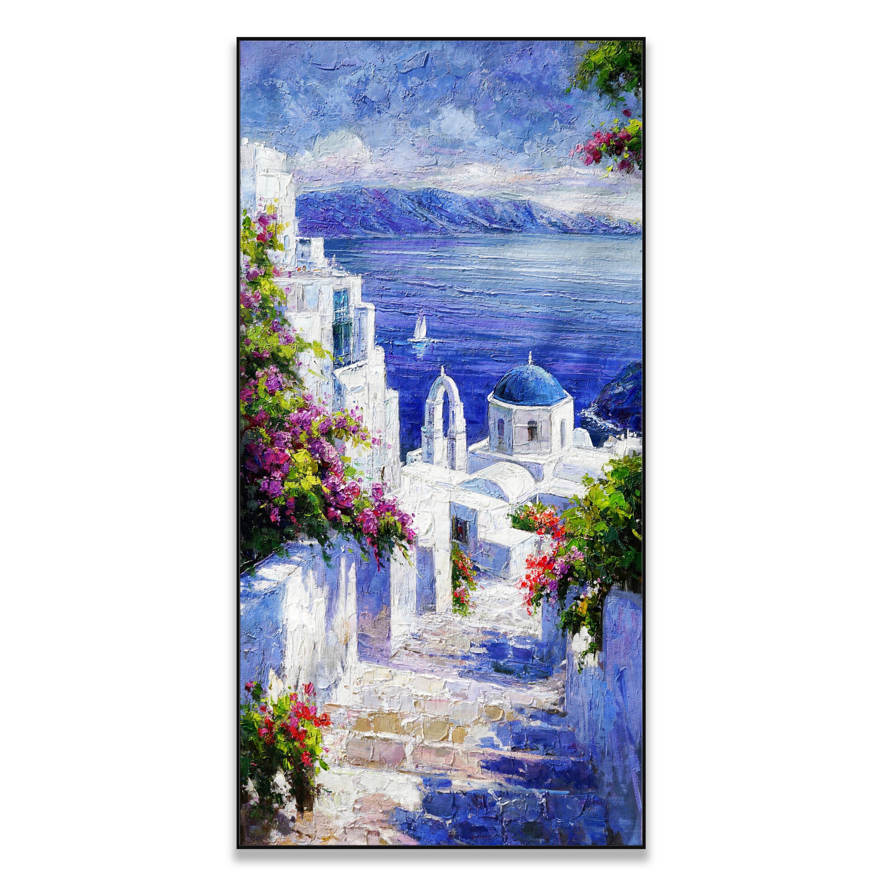 Santorini Greece Oil Painting – Greece wall art, Mediterranean Landscape, Blue Dome Art, Coastal Wall Decor, European travel art