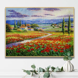 Toskana Malerei, Italienische Landschafts Pracht Mohnfeld Landschaft Bild 3
