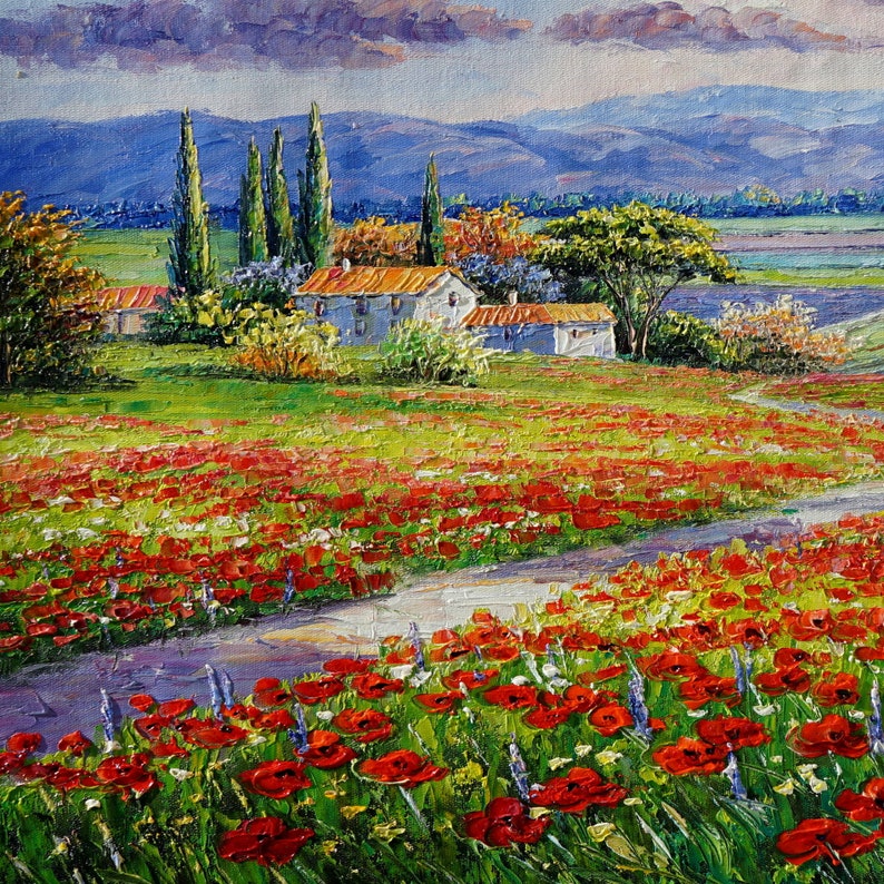 Toskana Malerei, Italienische Landschafts Pracht Mohnfeld Landschaft Bild 5