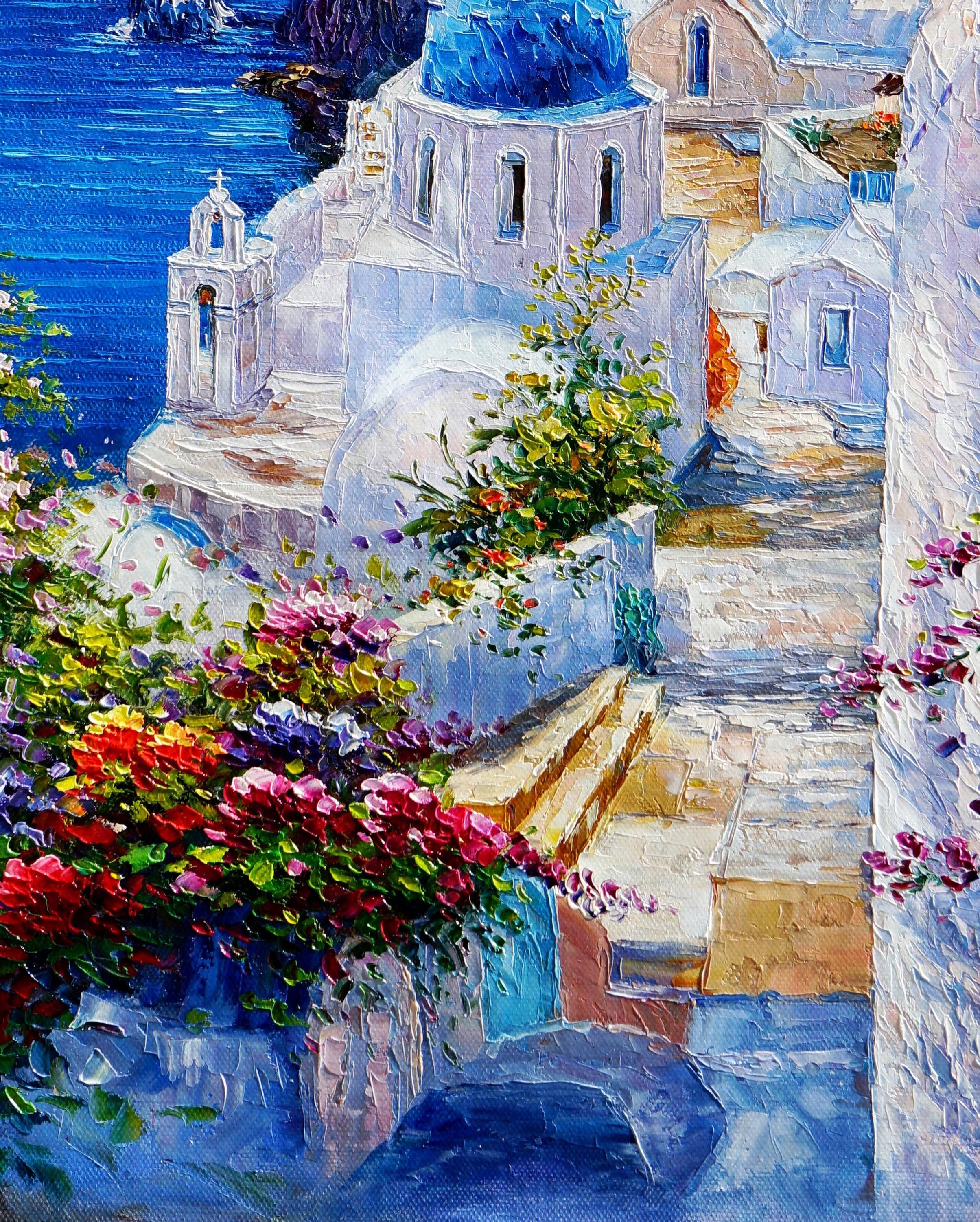 絵画 肉筆油絵 風景画 ギリシャ エーゲ海 白壁の道 絵画 肉筆油絵 風景