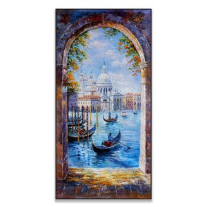 Venetië Archway-olieverfschilderij – Originele gondelkunst, Italiaans stadsgezicht, romantische grachtenmuurdecoratie