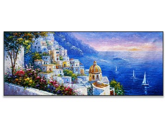 Positano Painting, Amalfi Coast Sunset Art, Mediterranean Seaside Village, Italian Coastal Landscape Wall Decor,