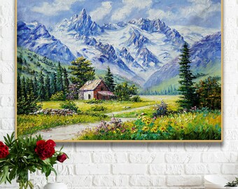 Mountain painting, Cottage under snow mountain Dolomites painting