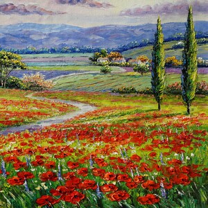 Toskana Malerei, Italienische Landschafts Pracht Mohnfeld Landschaft Bild 6