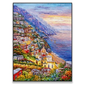 Positano Sonnenuntergang Original Ölgemälde - Amalfiküste, Italien, Buntes Dorf am Meer, Mediterrane Wandkunst, Reisedekor