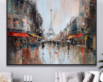 Paris Romance in a Rainy Day Eiffel Tower original Impressionist oil painting