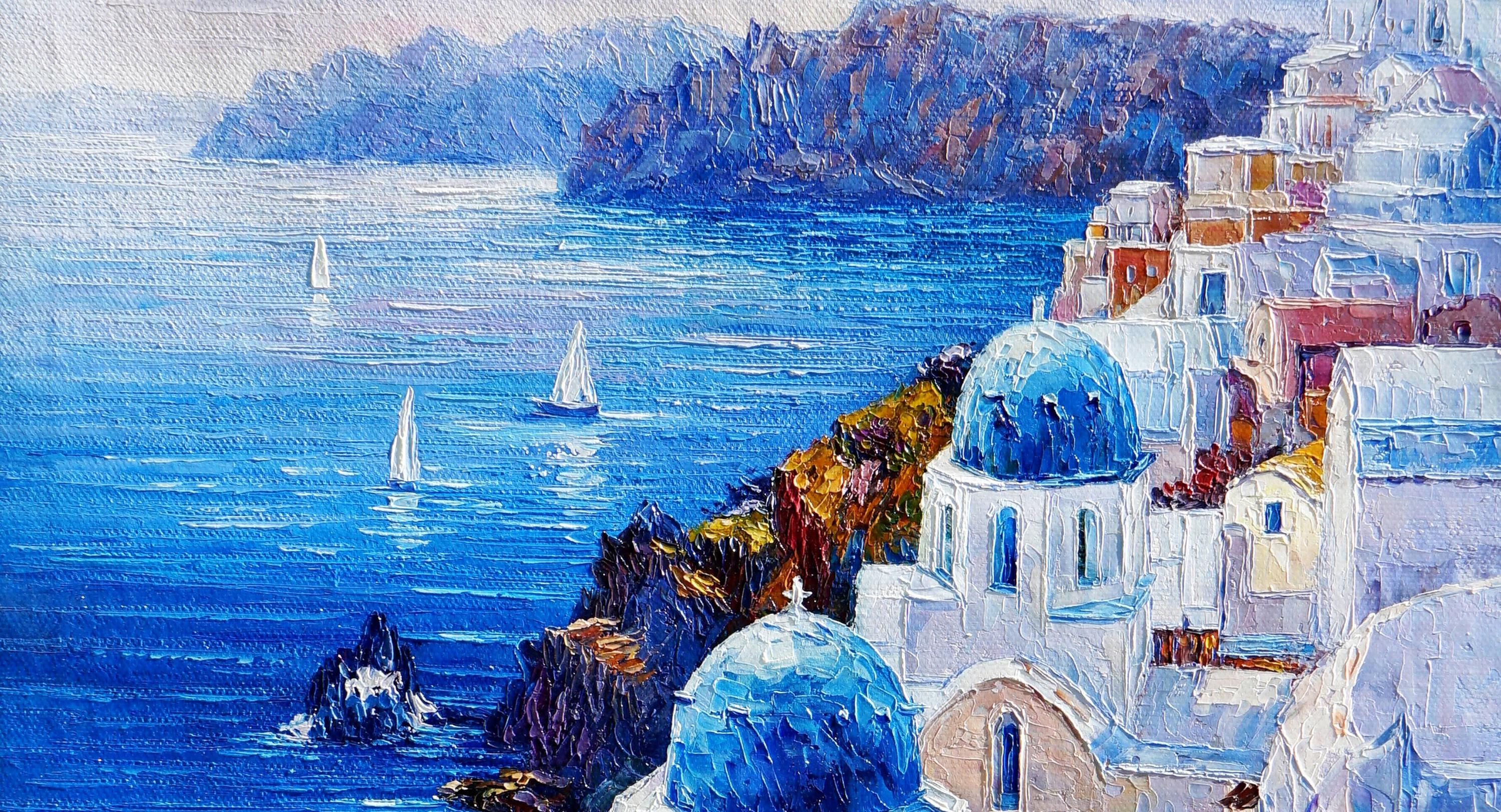 サントリーニ島 ギリシャ 絵画 エーゲ海の景色、白塗りの建築 - Etsy 日本