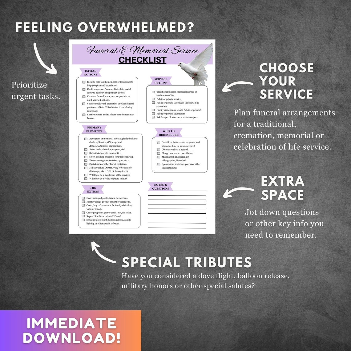 Funeral Arrangements Checklist, Printable Download Etsy