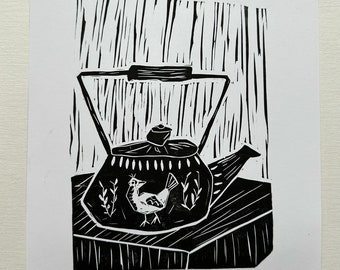 Teapot Original Linocut Print