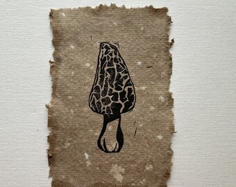 Original Linocut Print Morel Mushroom