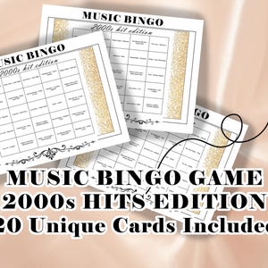 Op de afbeelding: Een stapel Music Bingo-kaarten met een gouden glitterrand en de tekst "2000s hit edition". Er is ook een zwarte pen aanwezig. Het spel heet "Music Bingo Game 2000s Hits Edition" met 20 unieke kaarten.
