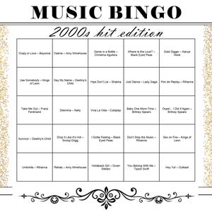 Op de afbeelding: Een Music Bingo-kaart getiteld "2000s hit edition" met een gouden glitterrand. De bingokaart bevat een raster van songtitels en artiesten, waaronder Beyonc&eacute;, Amy Winehouse en Lady Gaga. De kaart is ontworpen voor een spel met een muziekthema.