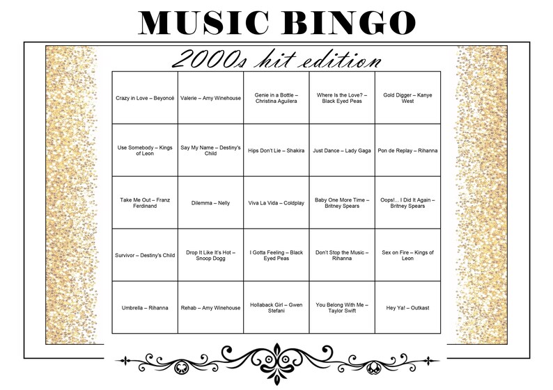 Op de afbeelding: Een Music Bingo-kaart getiteld "2000s hit edition" met een gouden glitterrand. De bingokaart bevat een raster van songtitels en artiesten, waaronder Beyonc&eacute;, Amy Winehouse en Lady Gaga. De kaart is ontworpen voor een spel met een muziekthema.