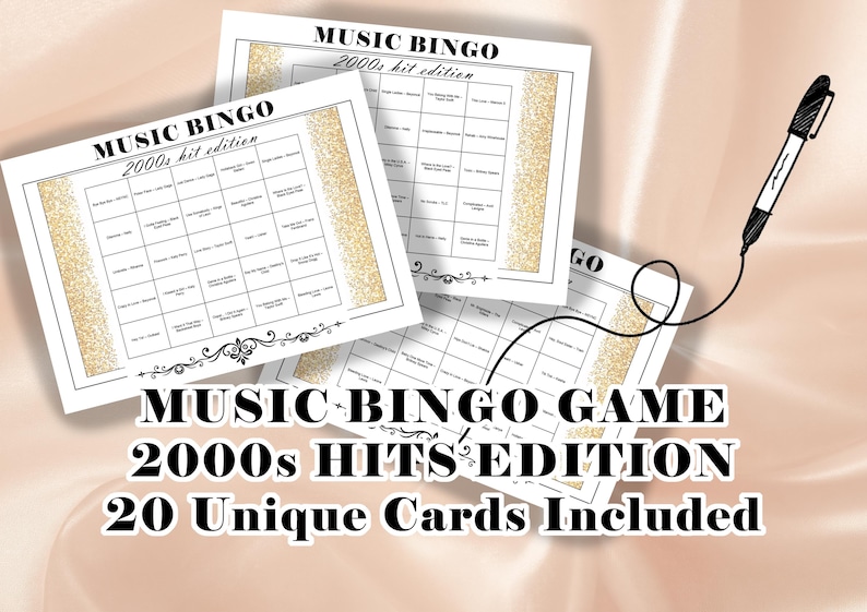 Op de afbeelding: Een stapel Music Bingo-kaarten met een gouden glitterrand en de tekst "2000s hit edition". Er is ook een zwarte pen aanwezig. Het spel heet "Music Bingo Game 2000s Hits Edition" met 20 unieke kaarten.