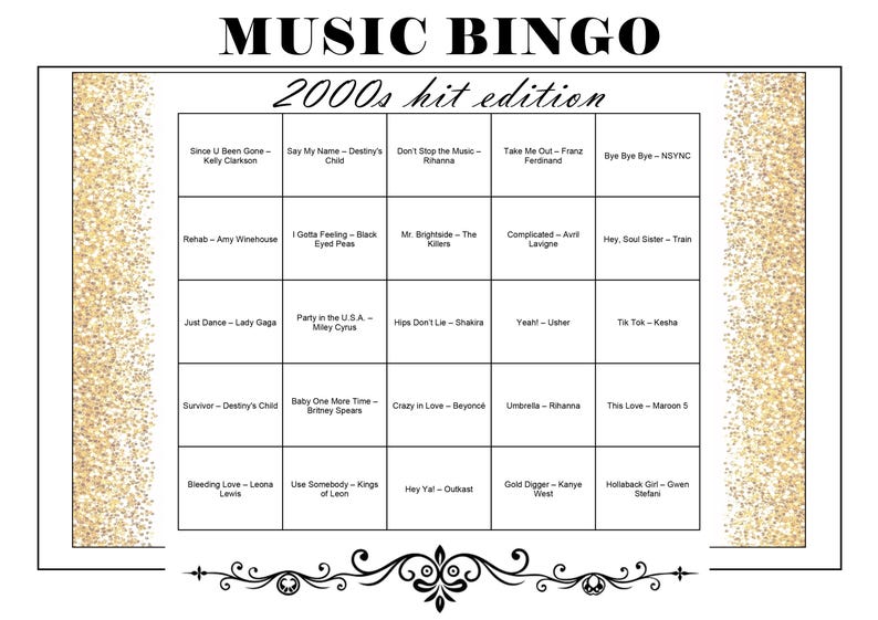 Op de afbeelding: Een Muziek Bingo kaart met de tekst "MUSIC BINGO 2000s hit edition". De bingokaart heeft een raster met songtitels en artiesten uit de jaren 2000, waaronder hits van Kelly Clarkson, Rihanna en Lady Gaga. De rand heeft een gouden glitterontwerp.