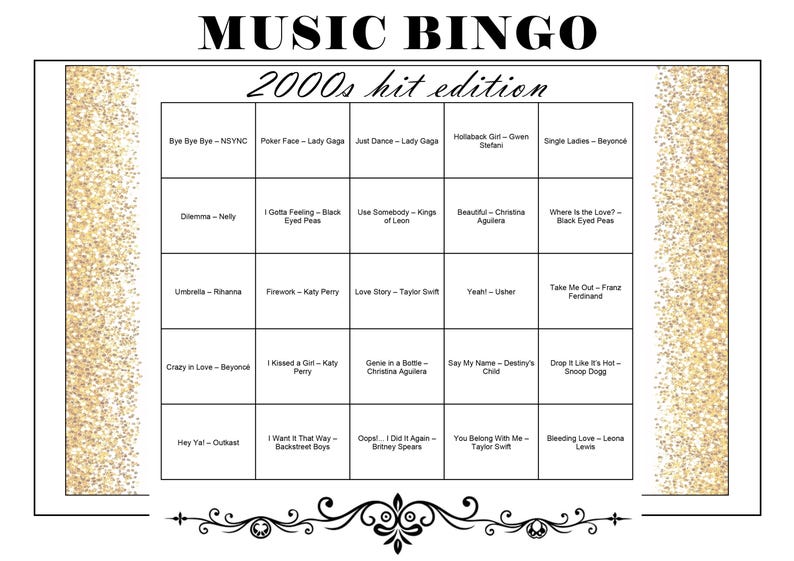 Op de afbeelding: Muziek Bingokaart met een gouden glitterrand en zwarte tekst. De kaart heeft de titel "MUSIC BINGO" en "2000s hit edition". De bingokaart heeft een raster met songtitels en artiesten uit de jaren 2000.
