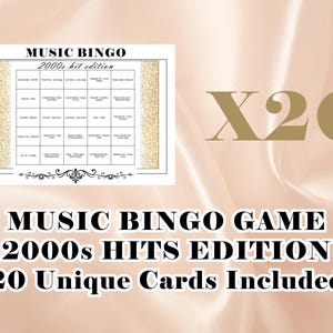 Op de afbeelding: Een Music Bingo-spel met een witte achtergrond en gouden glitterdetails. De tekst "MUSIC BINGO 2000s hit edition" is zichtbaar. Het spel bevat 20 unieke kaarten. Het getal "X20" wordt in goud weergegeven.