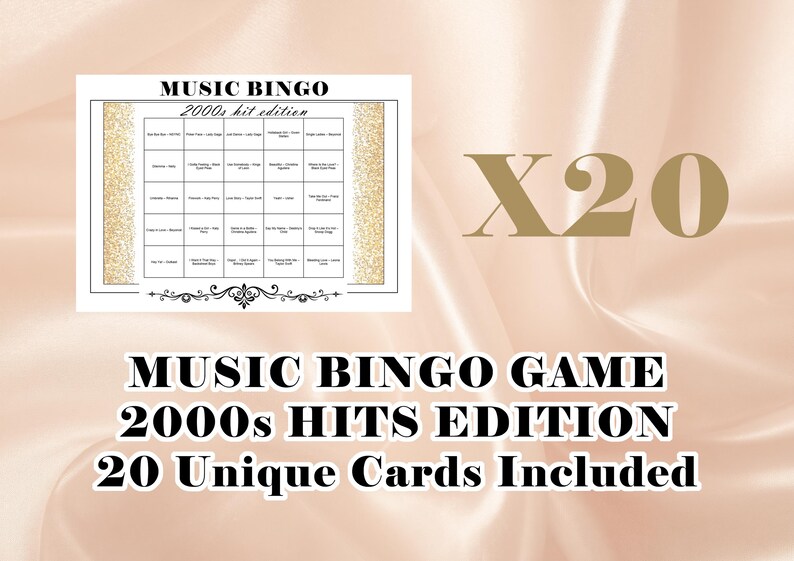 Op de afbeelding: Een Music Bingo-spel met een witte achtergrond en gouden glitterdetails. De tekst "MUSIC BINGO 2000s hit edition" is zichtbaar. Het spel bevat 20 unieke kaarten. Het getal "X20" wordt in goud weergegeven.