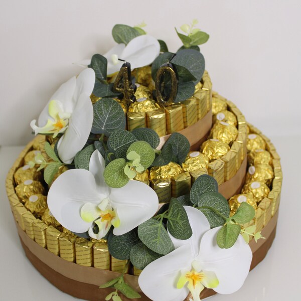 Süßigkeitentorte mit Merci und Ferrero Rocher; Geburtstagstorte; Geburtstag; Geburtstagsgeschenk; Geschenk; Jubiläum; Süßigkeiten