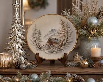 Vintage Schumann Bavaria Hand-Painted Textured Winter Landscape Cabinet Plate, 12" Decorative Wall Plate, German Porcelain, Alpine Cabin