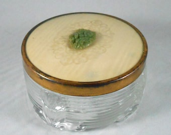 Vintage Art Deco Lidded Glass Powder Trinket Box with Green Celluloid Jade-Look Carved Embellishment