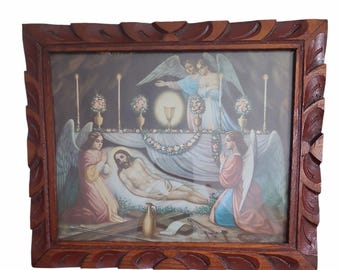 Vintage “Holy Grave of Christ” Lithograph Print Framed | Antique Religious Art | Mourning Angels | European Turn of Century | 10x12
