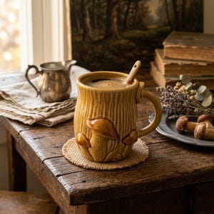 May include: A mustard yellow ceramic mug with a vertical ribbed texture and embossed mushroom designs on the exterior. The mug features a curved handle, a matching ceramic spoon resting inside, and is filled with dark coffee.