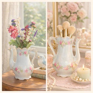 May include: Two decorative porcelain teapots, one filled with colorful flowers and the other with makeup brushes. Both teapots are light blue with pink floral patterns and gold trim. A small blue bird figurine sits near the flowers. A lit candle and pearls are also visible.