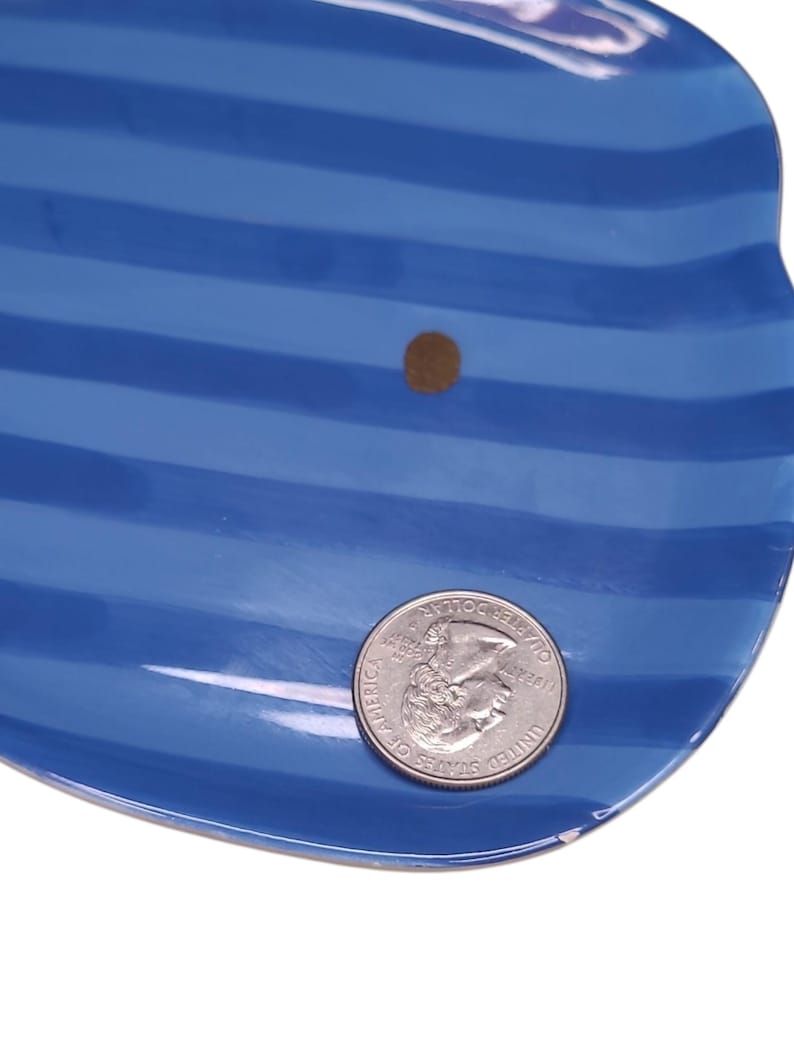 May include: A glossy blue ceramic dish featuring horizontal stripes in a darker shade of blue. A small brown circular mark is visible on the surface. A United States quarter coin is placed on the dish to provide a scale reference for its size.