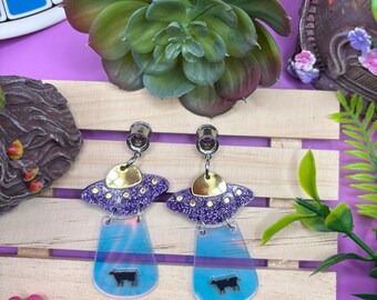 UFO Abducting Cow Dangle Plugs for Stretched Ears