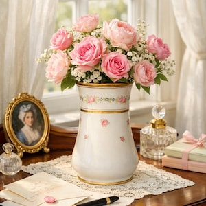 May include: A white porcelain vase with pink roses and baby's breath sits on a wooden table. The vase has gold trim and small pink rose accents. A framed portrait, perfume bottle, and stationery are also on the table.