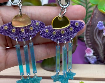 UFO with Stars Dangle Plugs for Stretched Ears