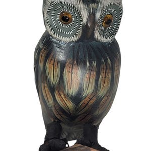 Wood Carved Owl Bird on Log – Hand Painted Wildlife Figurine Rustic Nature Decor