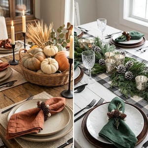 May include: A split image showing two table settings. The left features a wicker basket of pumpkins, wheat, and eucalyptus, with rust-colored napkins and pinecone rings. The right displays a pine garland, green napkins, and pinecone rings.